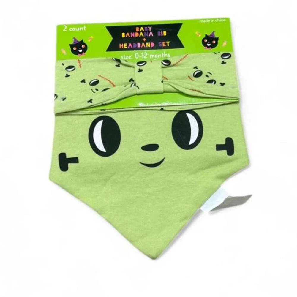Halloween Baby Bib & Headband Set Kawaii 0-12M set of 2 ghost & Frankenstein